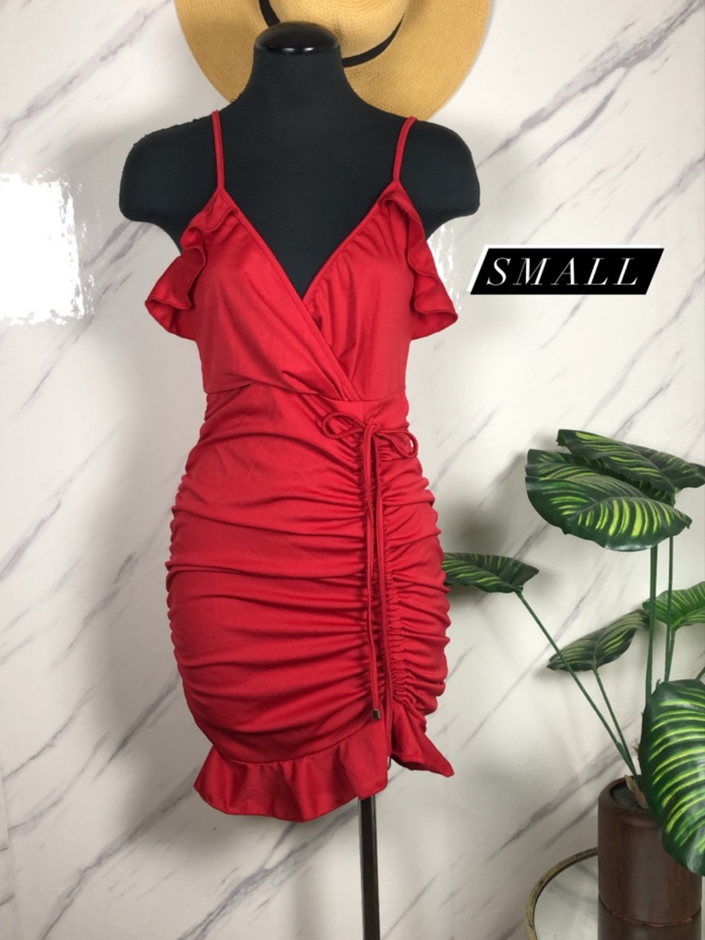 Red Ruffle Ruched Wrap Mini Dress - Small
